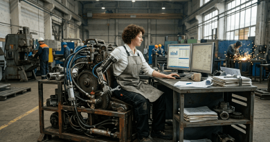 Engineer with robotic arm sitting at a desk analyzing technical data on dual monitors in a factory setting