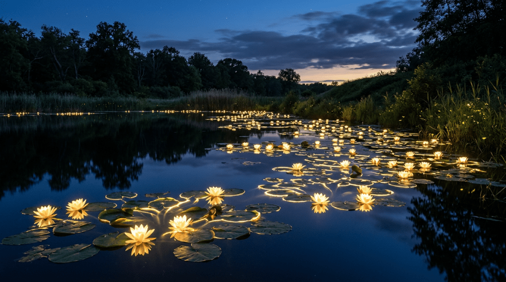 Water lilies glowing softly on a calm pond at twilight surrounded by trees