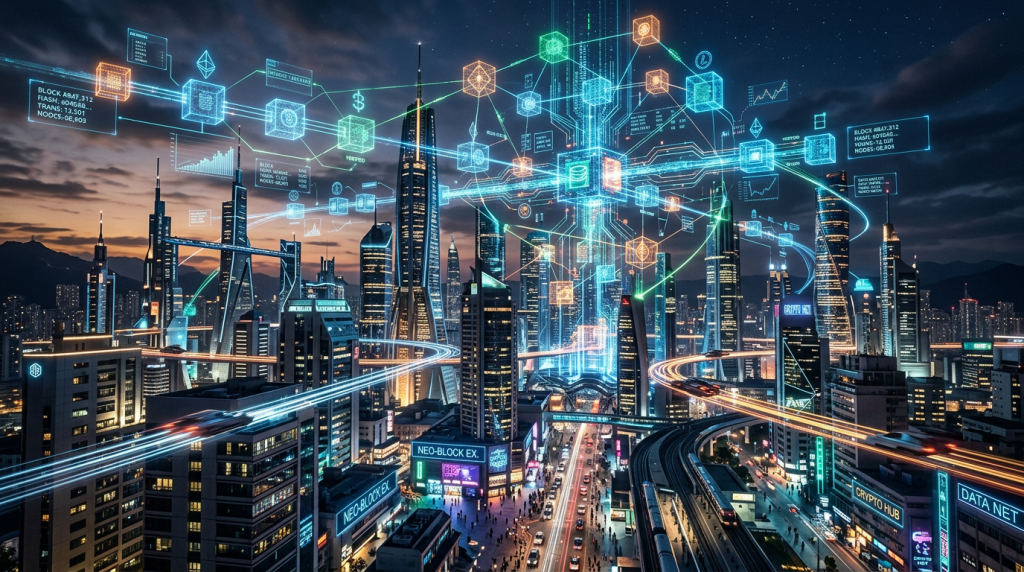City skyline at dusk with digital blockchain network visuals overlay