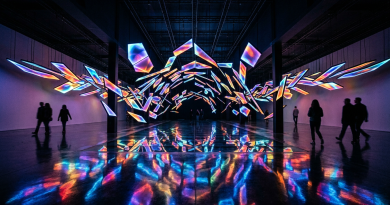 Colorful geometric LED lights suspended indoors with reflections on polished floor