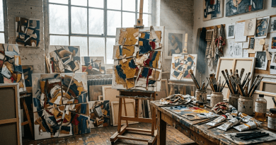 Studio with abstract paintings on canvases and brushes in jars on a wooden table