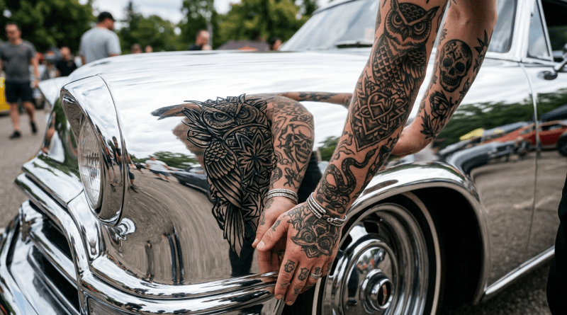 Tattooed arms reflected clearly on the shiny chrome surface of a vintage car's front side