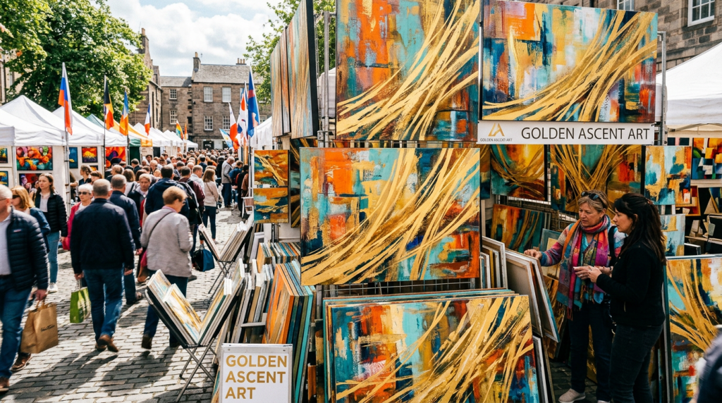 Booth displaying vibrant abstract paintings with gold, teal, and orange colors at an outdoor art market