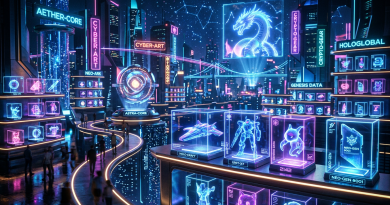 Futuristic exhibition hall with neon holograms of spacecraft, robots, and digital icons