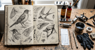 Open sketchbook with bird drawings and notes beside tattoo ink, machine, needles, and gloves