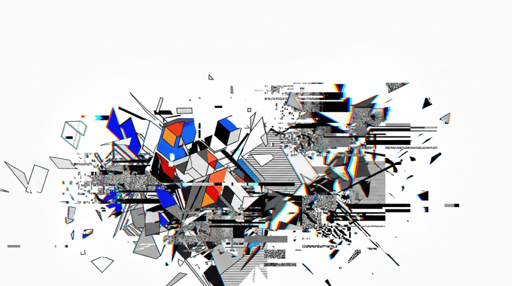 Abstract digital artwork with geometric shapes and glitch patterns in black, white, red, blue, and gray