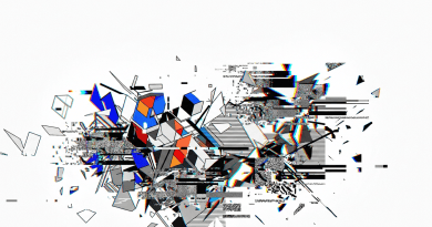 Abstract digital artwork with geometric shapes and glitch patterns in black, white, red, blue, and gray