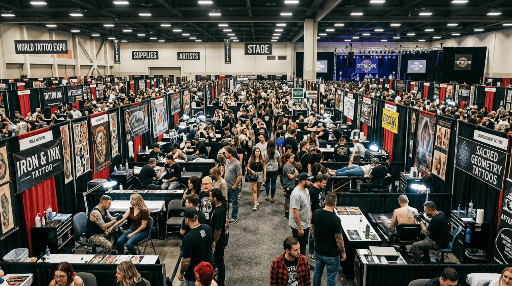 Large indoor tattoo expo with numerous booths, tattoo artists working on clients, and many visitors walking through aisles