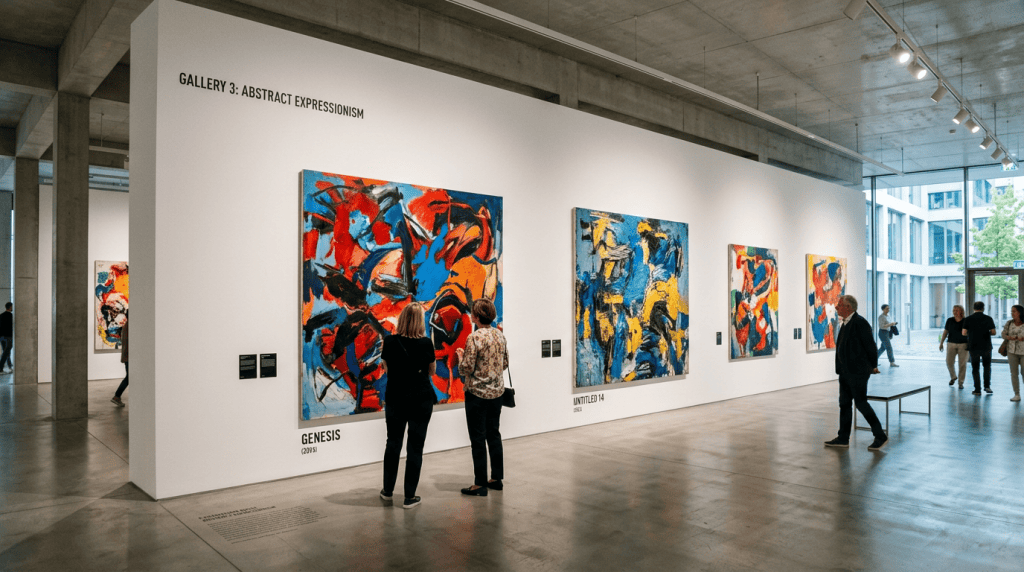 Abstract expressionism paintings displayed on white gallery walls with people observing them.