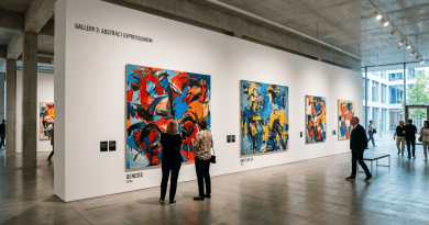Abstract expressionism paintings displayed on white gallery walls with people observing them.