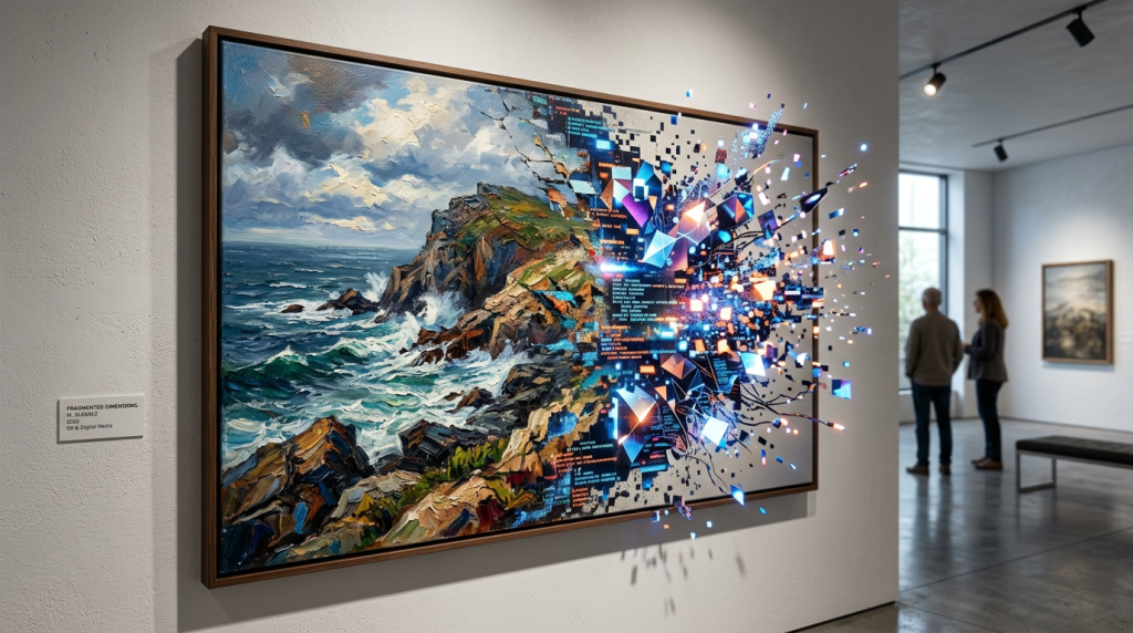 Painting of a rocky coastline with ocean waves transitioning into digital code and glowing geometric shapes.
