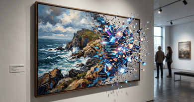 Painting of a rocky coastline with ocean waves transitioning into digital code and glowing geometric shapes.