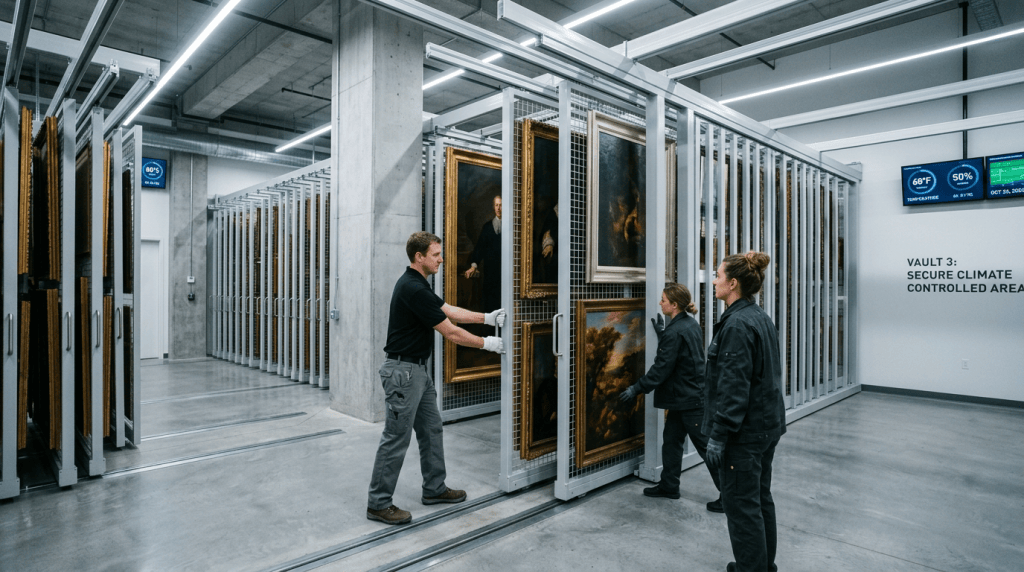 Staff handling framed paintings in a secure, climate-controlled storage vault with racks and monitoring screens