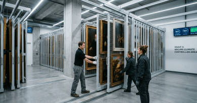 Staff handling framed paintings in a secure, climate-controlled storage vault with racks and monitoring screens