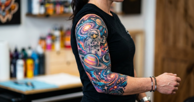 Sleeve tattoo with astronaut, planets, galaxies, and cosmic elements