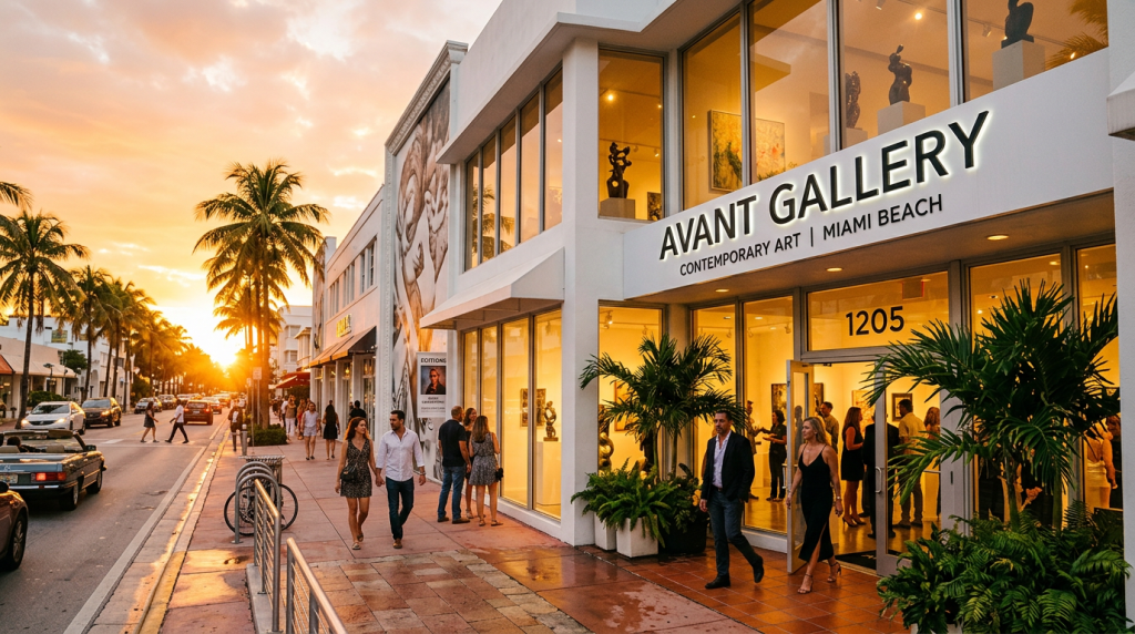People walking outside Avant Gallery contemporary art space at sunset in Miami Beach