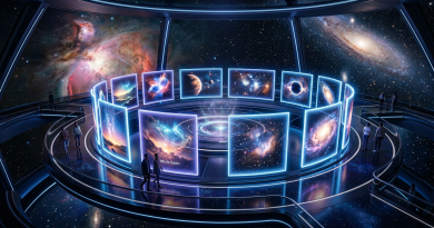 Futuristic observatory interior with illuminated space image panels and visitors walking
