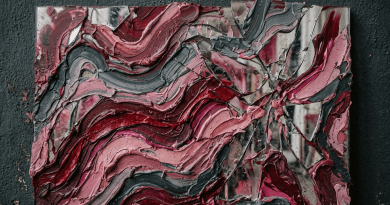 Abstract painting with swirling red, pink, and gray paint combined with broken mirror fragments