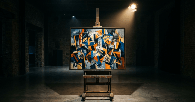 Abstract painting with geometric shapes and bold colors on wooden easel