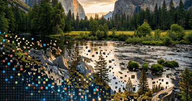Mountain river and forest landscape merging into colorful digital pixels