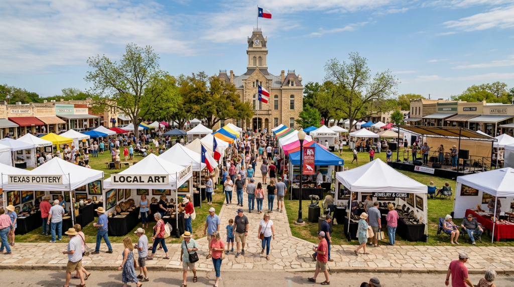 Outdoor art festival with white tents, people walking, and courthouse in background