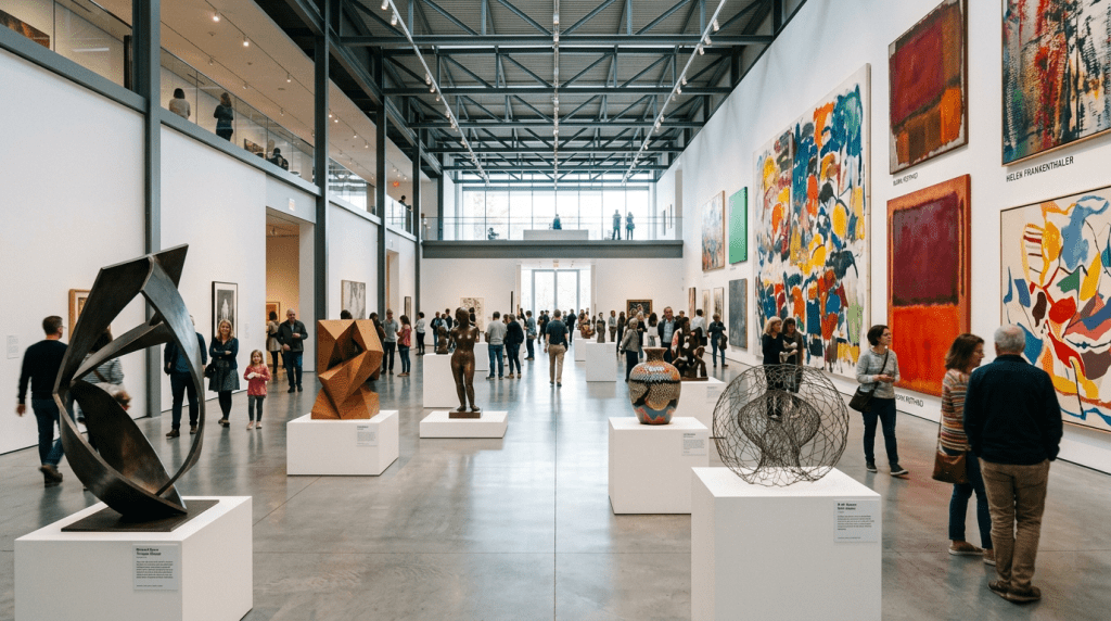 Large modern art gallery with sculptures on white pedestals and colorful abstract paintings on walls, people walking and observing art