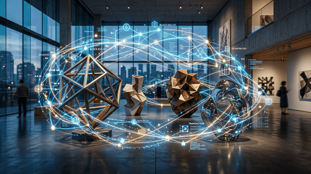 Geometric sculptures in gallery with overlaid blockchain network graphics