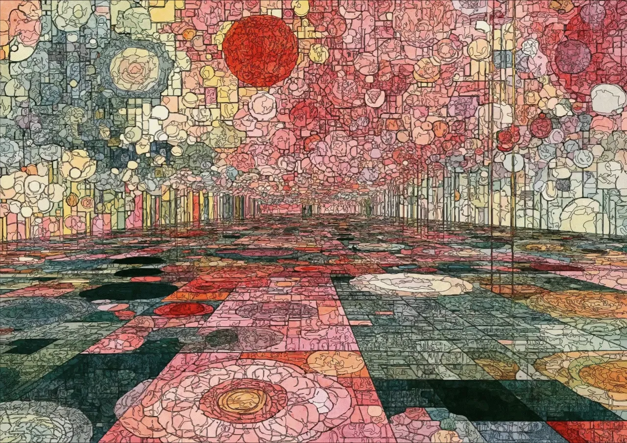 Vibrant generative digital art piece from Specular Cortex collection by Swiss artist Eko33, featuring layered colorful geometric and organic forms with a large red circular motif.