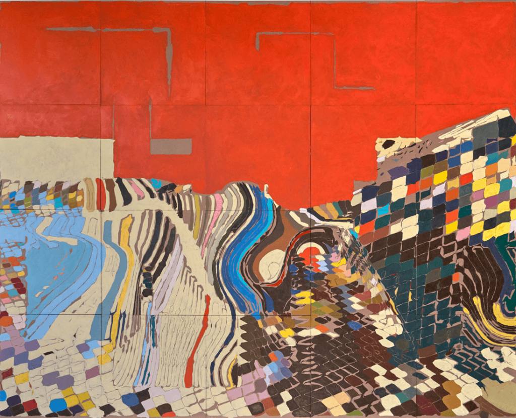Large-scale abstract oil painting by William Mapan featuring layered, colorful generative landscapes with pixelated and fluid forms against a bold red background, displayed as a multi-panel installation at Art Basel 2026.

