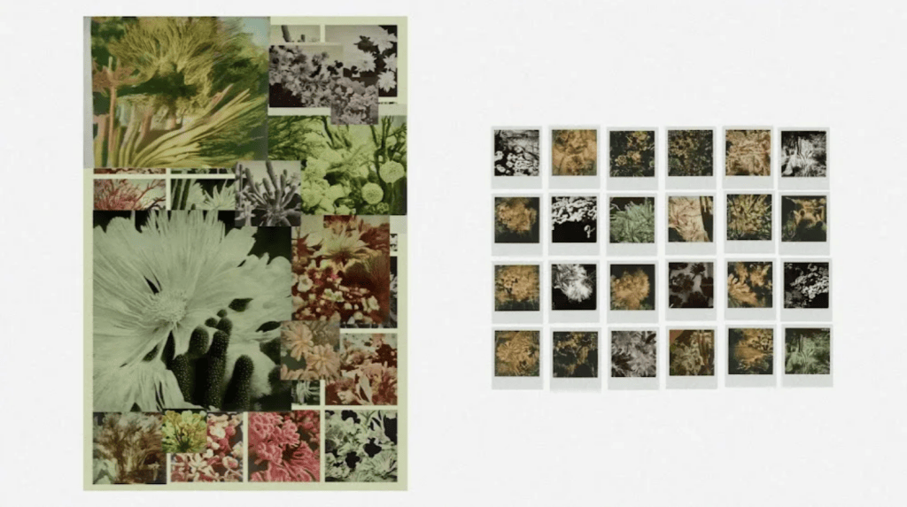 Collaborative artwork Snapshots Orchids by Anna Ridler and Sofia Crespo showing grid of floral Polaroid-style images exploring nature through technology.