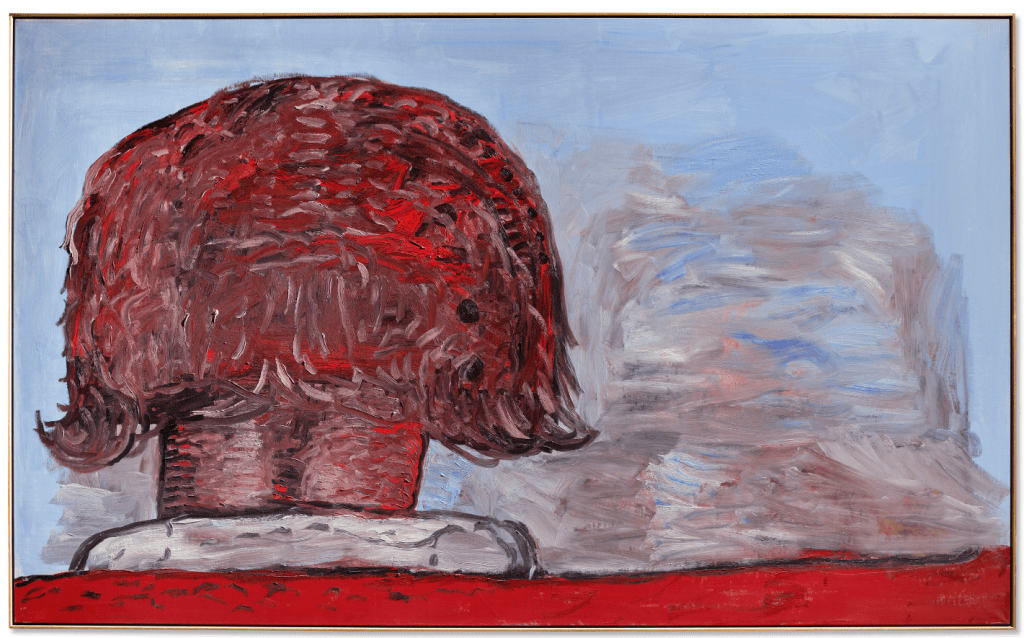 Large Philip Guston painting Mirror Head (1977) showing the back of a red-haired head in profile against a blue and red background, exemplifying his late figurative style with thick impasto brushwork.