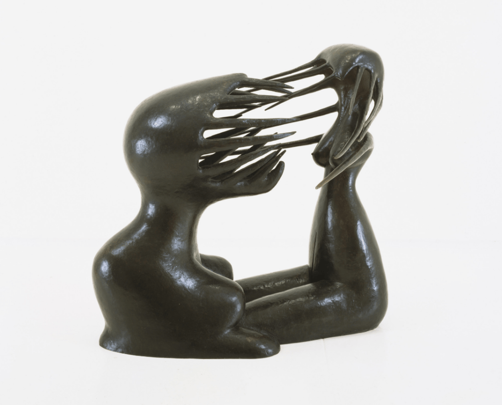 Dark bronze abstract sculpture by Maria Martins showing intertwined spiky hybrid figures in an erotic, thorny embrace.