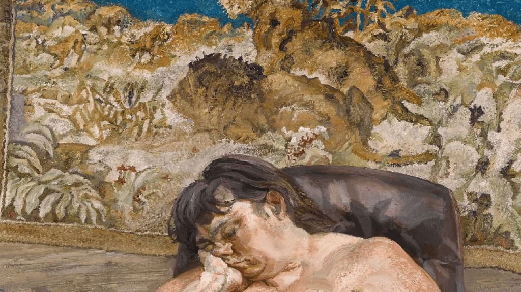 Monumental Lucian Freud painting of a nude woman reclining on a lion-patterned carpet, rich impasto texture with intense psychological presence.
