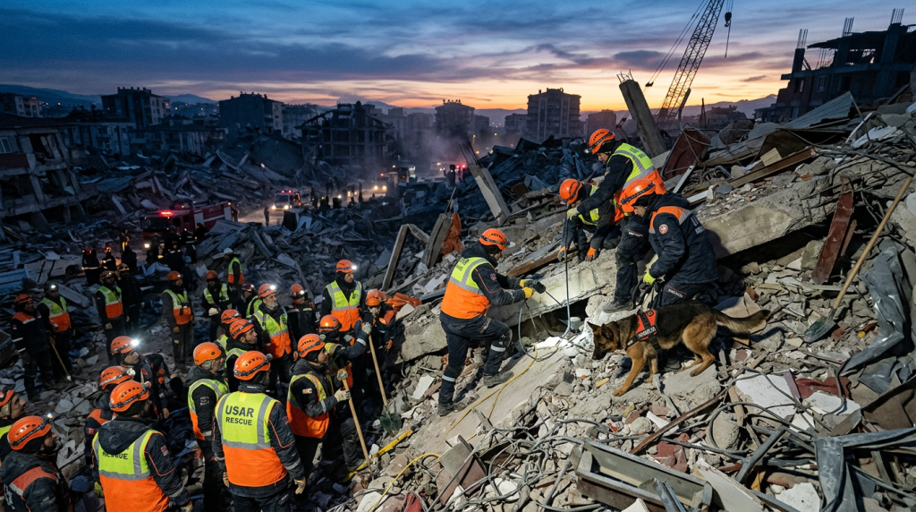 Rescue team with safety helmets and vest searching debris with a rescue dog