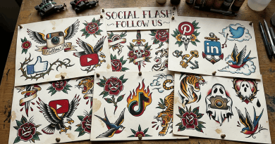 Tattoo flash sheet with social media logos including Instagram, YouTube, Pinterest, LinkedIn, Twitter, and TikTok surrounded by roses, eagles, tigers, and swallows