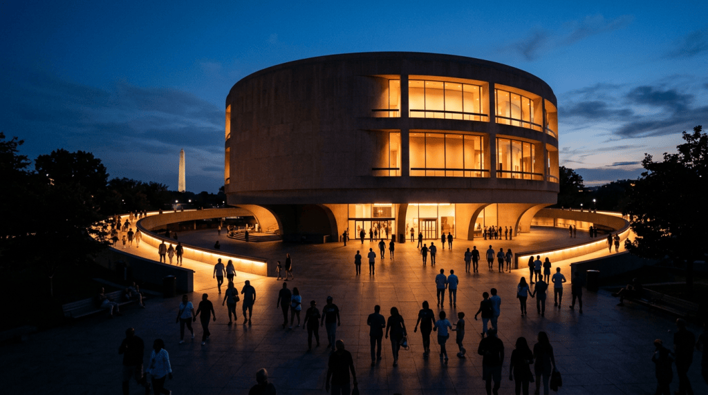 People walking around illuminated circular Kennedy Center building at dusk with Washington Monument visible