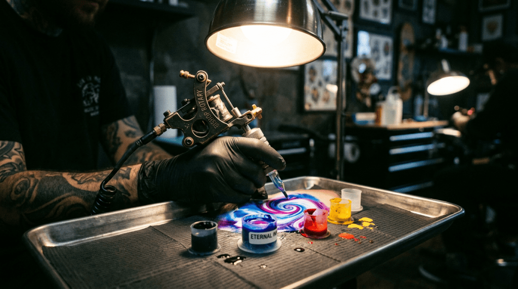 Tattoo artist's gloved hand holding a tattoo machine near a spiral tattoo design with blue, red, and yellow ink pots