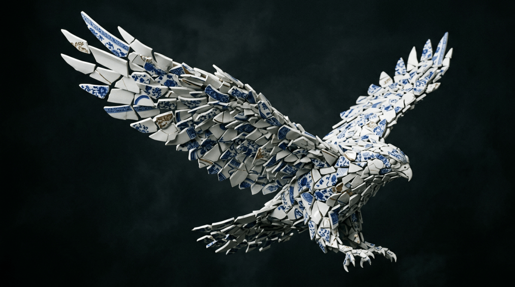 Eagle sculpture composed of white and blue broken ceramic fragments with wings spread flying