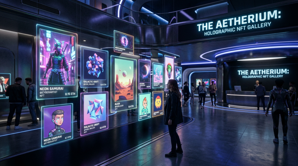 People viewing large holographic NFT artworks in a futuristic gallery space