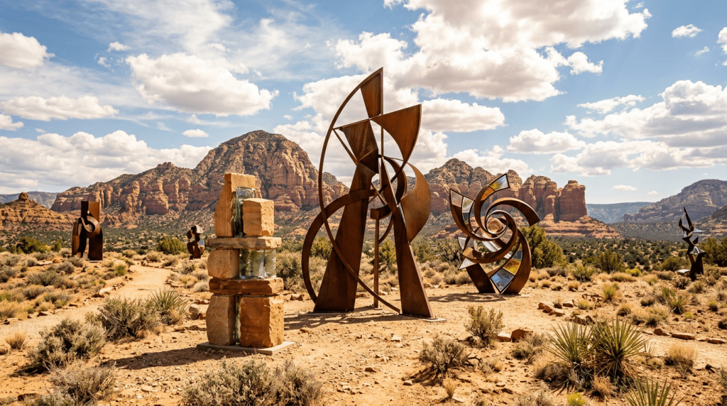 Various abstract sculptures on desert terrain with red rock mesas and a partly cloudy sky