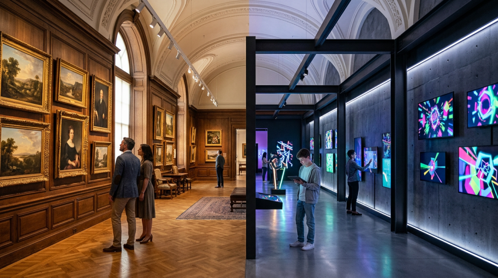 Museum split between classical painting gallery and modern digital art display