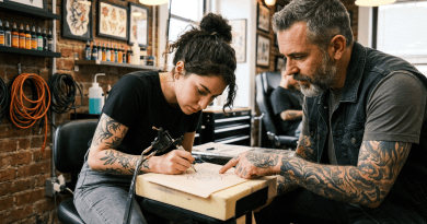 Tattoo apprentice practicing linework with mentor nearby