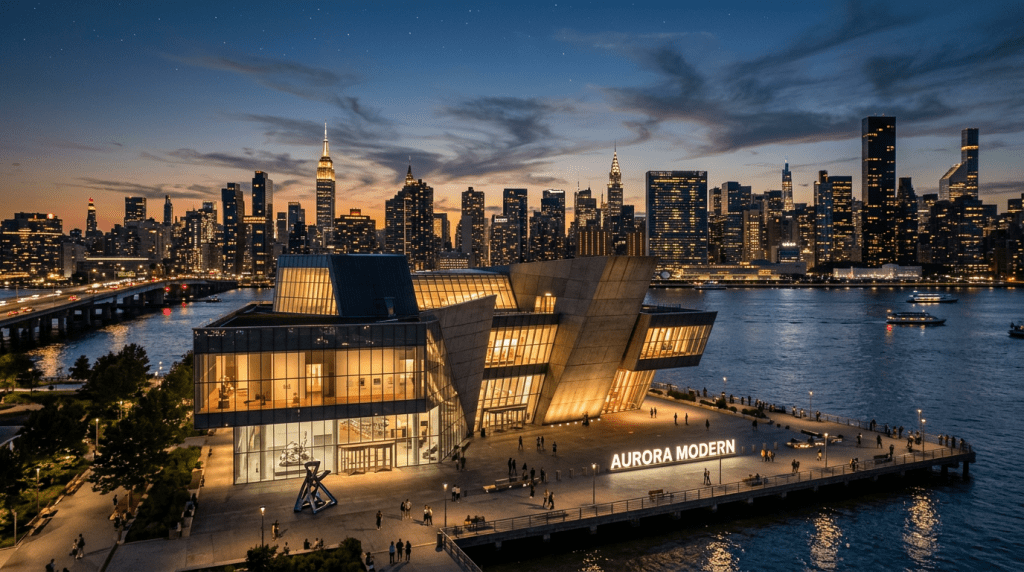 Aurora Modern museum illuminated by warm lights on a waterfront pier with NYC skyline background at dusk