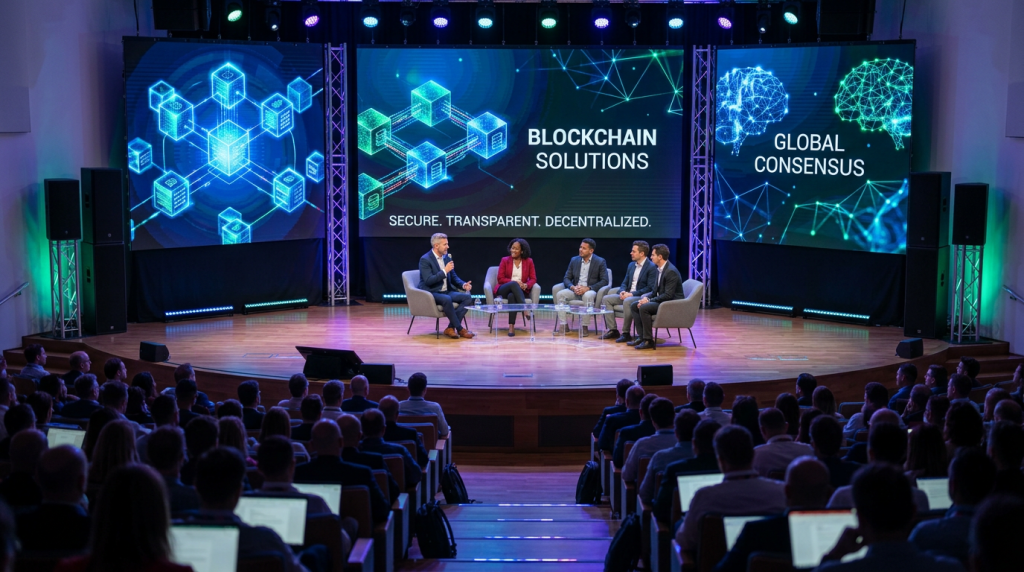 Five panelists seated on stage discussing blockchain solutions with audience
