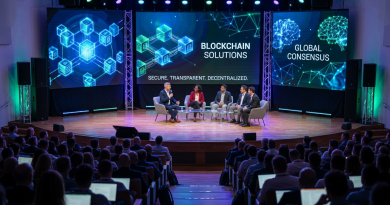 Five panelists seated on stage discussing blockchain solutions with audience