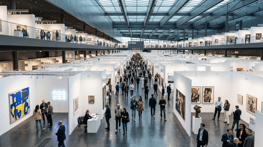 Crowded art exhibition hall with multiple white-walled booths displaying various artworks and visitors walking through aisles