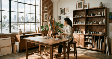 Woman painting colorful abstract art on an easel in a sunlit studio