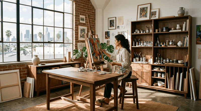 Woman painting colorful abstract art on an easel in a sunlit studio