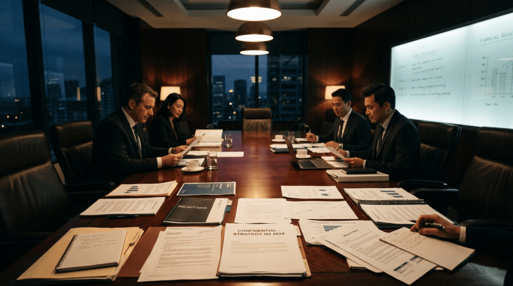 Four businesspeople in suits reviewing documents around a conference table with papers and laptops