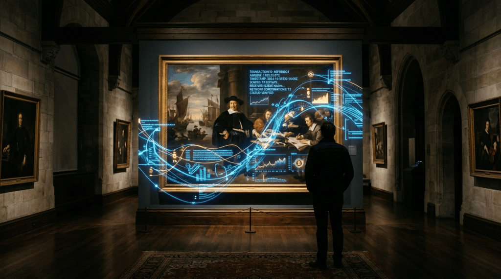 Person viewing classic painting with blue digital data overlay